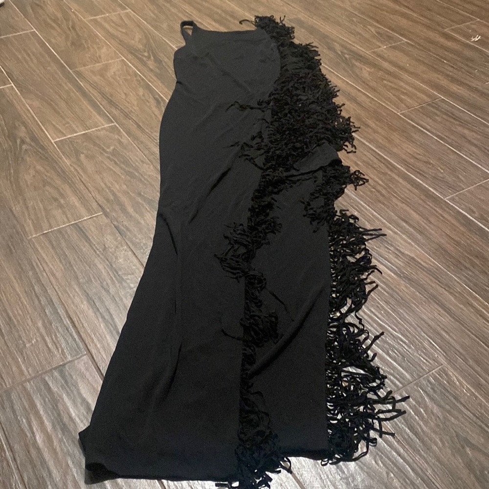 Jay Godfrey fringe black sleeveless dress with side slit evening gown
